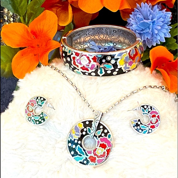 Brighton MEADOW Black/Multicolor Flower enamel Necklace Bracelets Earrings RARE